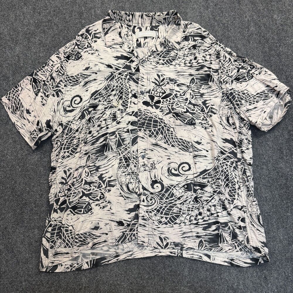 Vintage Jams World Palani Black Floral Waves Mens Hawaiian Button Shirt XXL Fish
